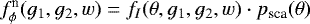 Mathematical equation: $f_{\phi}^{\textrm{n}}(g_1,g_2,w)=f_I(\theta,g_1,g_2,w)\cdot p_{\textrm{sca}}(\theta)$