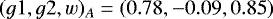 Mathematical equation: $(g1,g2,w)_A=(0.78,-0.09,0.85)$