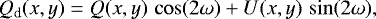 Mathematical equation: \begin{equation*}Q_{\textrm{d}}(x,y) = Q(x,y)\,\cos (2 \omega)+ U(x,y)\,\sin (2\omega), \end{equation*}