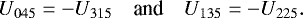 Mathematical equation: \begin{equation*}U_{045} = - U_{315}\quad {\textrm{and}} \quad U_{135} = - U_{225}.\end{equation*}