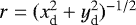 Mathematical equation: $r=(x_{\textrm{d}}^2+y_{\textrm{d}}^2){}^{-1/2}$