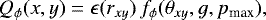 Mathematical equation: \begin{equation*}Q_{\phi}(x,y) = \epsilon(r_{xy}) \,f_{\phi}(\theta_{xy},g,p_{\textrm{max}}),\end{equation*}