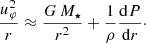 Mathematical equation: $$ \begin{aligned} \frac{u_\varphi ^2}{r}&\approx \frac{G\,M_\star }{r^2} + \frac{1}{\rho }\frac{\mathrm{d}P}{\mathrm{d}r}\cdot \end{aligned} $$