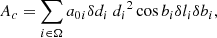 Mathematical equation: $$ \begin{aligned} A_c = \sum _{i\in \Omega } {a_0}_i\delta d_i\ {d_i}^2 \cos {b_i} \delta l_i \delta b_i, \end{aligned} $$