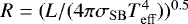Mathematical equation: $R = (L/(4\pi{}\sigma_{\rm{SB}}T_{\rm{eff}}^{4}))^{0.5}$