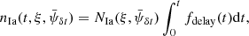 Mathematical equation: $$ \begin{aligned} n_{\rm Ia}(t, \xi , \bar{\psi }_{\delta t})=N_{\rm Ia}(\xi , \bar{\psi }_{\delta t}) \int _{0}^tf_{\rm delay}(t)\mathrm{d} t , \end{aligned} $$