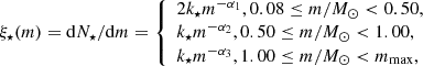 Mathematical equation: $$ \begin{aligned} \xi _{\star } (m) =\mathrm{d} N_{\star }/\mathrm{d} m= \left\{ \begin{array}{ll} 2k_{\rm \star } m^{-\alpha _1}, 0.08\le m/M_{\odot }<0.50 , \\ k_{\rm \star } m^{-\alpha _2}, 0.50\le m/M_{\odot }<1.00 , \\ k_{\rm \star } m^{-\alpha _3}, 1.00\le m/M_{\odot }< m_{\mathrm{max} } , \\ \end{array} \right. \end{aligned} $$