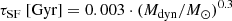 Mathematical equation: $$ \begin{aligned} \tau _{\rm SF}\ \mathrm{[Gyr]} = 0.003\cdot (M_{\rm dyn}/M_\odot )^{0.3} \end{aligned} $$