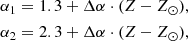 Mathematical equation: $$ \begin{aligned}&\alpha _1=1.3+\Delta \alpha \cdot (Z-Z_\odot ),\nonumber \\&\alpha _2=2.3+\Delta \alpha \cdot (Z-Z_\odot ), \end{aligned} $$