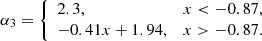 Mathematical equation: $$ \begin{aligned} \alpha _3= {\left\{ \begin{array}{ll} 2.3,&x<-0.87, \\ -0.41x+1.94,&x>-0.87. \end{array}\right.} \end{aligned} $$