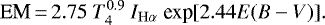 Mathematical equation: \begin{equation*} \textrm{EM}\,{=}\,2.75~T_{4}^{0.9}~I_{\mathrm{H\alpha}}~\textrm{exp}[2.44E(B-V)].\end{equation*}