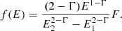 Mathematical equation: $$ \begin{aligned} f(E) = \frac{(2-\Gamma ) E^{1-\Gamma }}{E_{2}^{2-\Gamma }-E_{1}^{2-\Gamma }} F. \end{aligned} $$
