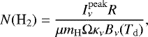 Mathematical equation: \begin{equation*}N(\textrm{H}_2) = \frac{I^{\mathrm{peak}}_{\nu}R}{\mu m_{\mathrm{H}}\Omega\kappa_{\nu}B_{\nu}(T_{\textrm{d}})},\end{equation*}
