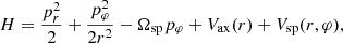 Mathematical equation: $$ \begin{aligned} H = \frac{ p_r^{2}}{2 }+ \frac{ p_\varphi ^{2}}{2r^2 }- \Omega _{\rm {sp}} p_\varphi + V_{\rm {ax}}(r)+ V_{\rm {sp}}( r,\varphi ), \end{aligned} $$