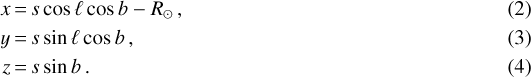 Mathematical equation: \begin{align} x &\,{=}\, s \cos \ell \cos b - R_{\odot} \, ,\\ y &\,{=}\, s \sin \ell \cos b \, ,\\ z &\,{=}\, s \sin b \, .\end{align}