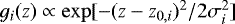 Mathematical equation: $g_i(z) \propto \exp[-(z-z_{0,i})^2/2 \sigma_i^2]$
