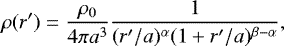 Mathematical equation: \begin{equation*} \rho(r\prime) = \frac{\rho_0}{4 \pi a^3} \frac{1}{(r\prime / a)^{\alpha} (1 + r\prime / a)^{\beta - \alpha}} ,\end{equation*}