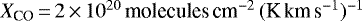 Mathematical equation: $X_{\text{CO}}\,{=}\,2\,{\times}\,10^{20} \, \text{molecules} \, \text{cm}^{-2} \, (\text{K} \, \text{km} \, \text{s}^{-1})^{-1}$