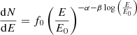 Mathematical equation: $ \frac{\mathrm{d}N}{\mathrm{d}E} = f_0 \left(\frac{E}{E_0}\right)^{-\alpha-\beta \log{\left(\frac{E}{E_0}\right)}} $