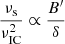 Mathematical equation: $ \frac{\nu_{\mathrm{s}}}{\nu_{\mathrm{IC}}^2} \propto \frac{B^{\prime}}{\delta} $
