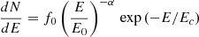 Mathematical equation: $$ \begin{aligned} \frac{dN}{dE} = f_0 \left(\frac{E}{E_0}\right)^{-\alpha } \, \exp {\left(-E/E_c \right)} \end{aligned} $$