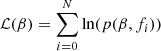Mathematical equation: $$ \begin{aligned} \mathcal L(\beta ) = \sum _{i=0}^N{ \mathrm{ln} (p(\beta , f_i))} \end{aligned} $$
