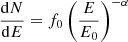 Mathematical equation: $ \frac{\mathrm{d}N}{\mathrm{d}E} = f_0 \left(\frac{E}{E_0}\right)^{-\alpha} $