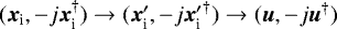 Mathematical equation: $({\bm{x}}_{\textrm{i}},-j {{\bm{x}}}_{\textrm{i}}^{\dagger}) \rightarrow ({{\bm{x}}_{\textrm{i}}^{\prime}},-j {{{\bm{x}}_{\textrm{i}}^{\prime}}}^{\dagger}) \rightarrow (\bm{u},-j \bm{u}^{\dagger})$