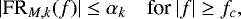 Mathematical equation: \begin{equation*}|\textrm{FR}_{M,k}(f)| \leq \alpha_k \quad {\textrm{for }} |f| \geq f_c, \end{equation*}