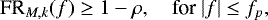 Mathematical equation: \begin{equation*}\textrm{FR}_{M,k}(f) \geq 1 - \rho, \quad {\textrm{for }} |f| \leq f_p, \end{equation*}