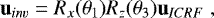 Mathematical equation: \begin{equation*} \textbf{u}_{inv} = R_x(\theta_1) R_z(\theta_3) \textbf{u}_{ICRF} \, \end{equation*}