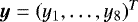 Mathematical equation: $\bm{y} = (y_1, \ldots, y_8)^T$