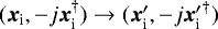 Mathematical equation: $({\bm{x}}_{\textrm{i}},-j {{\bm{x}_{\textrm{i}}^{\dagger}}}) \rightarrow ({{\bm{x}}_{\textrm{i}}^{\prime}},-j {{{\bm{x}}_{\textrm{i}}^{\prime}}}^{\dagger})$