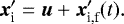 Mathematical equation: \begin{equation*}{{\bm{x}}_{\textrm{i}}^{\prime}} = \bm{u} + {\bm{x}}_{\textrm{i,f}}^{\prime}(t). \end{equation*}