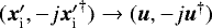 Mathematical equation: $({{\bm{x}}_{\textrm{i}}^{\prime}},-j {{{\bm{x}}_{\textrm{i}}^{\prime}}}^{\dagger}) \rightarrow (\bm{u},-j \bm{u}^{\dagger})$
