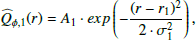 Mathematical equation: $$ \begin{aligned} \widehat{Q}_{\phi ,1}(r) = A_1 \cdot exp \left( - \frac{(r-r_1)^2}{2 \cdot \sigma _1^2} \right), \end{aligned} $$