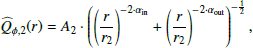 Mathematical equation: $$ \begin{aligned} \widehat{Q}_{\phi ,2}(r) = A_2 \cdot \left( \left( \frac{r}{r_2}\right)^{-2 \cdot \alpha _{\rm in}} + \left( \frac{r}{r_2}\right)^{-2 \cdot \alpha _{\rm out}}\right)^{-\frac{1}{2}}, \end{aligned} $$