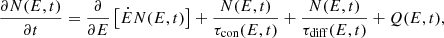 Mathematical equation: $$ \begin{aligned} \frac{\partial N(E,t)}{\partial t}= \frac{\partial }{\partial E} \left[ \dot{E} N(E,t) \right] + \frac{N(E,t)}{\tau _{\rm con}(E,t)} + \frac{N(E,t)}{\tau _{\rm diff}(E,t)} + Q(E,t), \end{aligned} $$