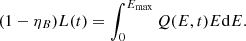 Mathematical equation: $$ \begin{aligned} (1-\eta _B)L(t) = \int _{0}^{E_{\rm max}} Q(E, t) E \mathrm{d}E. \end{aligned} $$