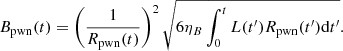 Mathematical equation: $$ \begin{aligned} B_{\rm pwn}(t) = \left(\frac{1}{R_{\rm pwn}(t)}\right)^2 \sqrt{6\eta _{B}\int _{0}^{t}L(t^{\prime })R_{\rm pwn}(t^{\prime })\mathrm{d}t^{\prime }}. \end{aligned} $$