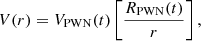Mathematical equation: $$ \begin{aligned} V(r) = V_{\rm PWN}(t)\left[\frac{R_{\rm PWN}(t)}{r}\right], \end{aligned} $$