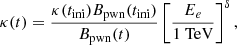 Mathematical equation: $$ \begin{aligned} \kappa (t) = \frac{\kappa (t_{\rm ini})B_{\rm pwn}(t_{\rm ini})}{B_{\rm pwn}(t)}\left[\frac{E_{e}}{1~\mathrm {TeV}} \right]^{\delta }, \end{aligned} $$