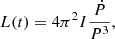 Mathematical equation: $$ \begin{aligned} L(t) = 4\pi ^2I \frac{\dot{P}}{P^3}, \end{aligned} $$