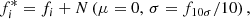 Mathematical equation: $$ \begin{aligned} f_{i}^{*}=f_{i} + N\left(\mu = 0,\,\sigma =f_{10\sigma }/10\right), \end{aligned} $$