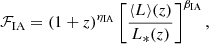 Mathematical equation: $$ \begin{aligned} \mathcal{F} _{\rm IA}=(1+z)^{\eta _{\rm IA}}\left[\frac{\langle {L}\rangle (z)}{L_*(z)}\right]^{\beta _{\rm IA}}, \end{aligned} $$