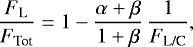 Mathematical equation: \begin{equation*}\frac{F_{\textrm{L}}}{F_{\textrm{Tot}}} = 1 - \frac{\alpha + \beta}{1 + \beta} \, \frac{1}{F_{\textrm{L/C}}} ,\end{equation*}