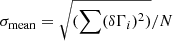 Mathematical equation: $ \sigma_{\mathrm{mean}}=\sqrt{(\sum (\delta\Gamma_{i})^2)}/N $