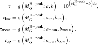 Mathematical equation: $$ \begin{aligned} \tau&= g\left(M_G^\mathrm{H-peak}; a, b\right) = 10^{\left(M_G^\mathrm{H-peak} - b \right)/a}, \nonumber \\ \tau _{\rm low}&= g\left(M_G^\mathrm{H-peak}; a_{\rm up}, b_{\rm up}\right), \nonumber \\ \tau _{\rm mean}&= g\left(M_G^\mathrm{H-peak}; a_{\rm mean}, b_{\rm mean}\right), \\ \tau _{\rm up}&= g\left(M_G^\mathrm{H-peak}; a_{\rm low}, b_{\rm low}\right).\nonumber \end{aligned} $$