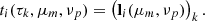 Mathematical equation: $$ \begin{aligned} t_i(\tau _k,\mu _m,\nu _p) = \left(\mathbf l _i(\mu _m,\nu _p)\right)_k. \end{aligned} $$
