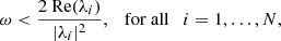 Mathematical equation: $$ \begin{aligned} \omega < \frac{2\text{ Re}(\lambda _i)}{|\lambda _i|^2}, \quad \mathrm{for\ all} \quad i = 1,\ldots ,N, \end{aligned} $$